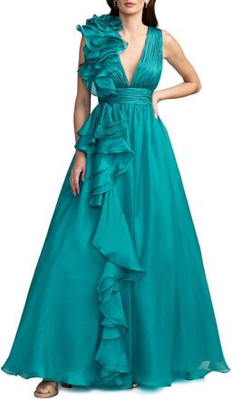 Mac Duggal Ruffle Shoulder V-Neck Chiffon Gown in Teal at Nordstrom, Size 10
