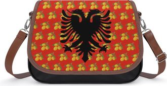 Generic Albania Albanian Flag with Olive Leather Crossbody Bags for Women Messenger Handbag Purse Shoulder Bag