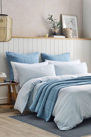 Christy Gingham Yarn Dye Textured Airy Yarn Dye Cotton Duvet Cover Set in Blue | Size: Double