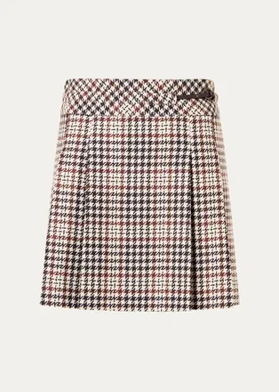Akris Houndstooth Tweed Wool-Blend Mini Kilt Skirt