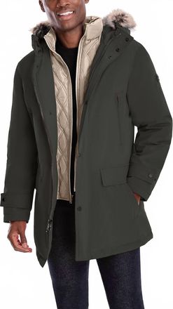 London Fog Artic Parka With Removable Faux Fur Trim On Hood In Dark Olive