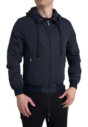Dolce & Gabbana Mens Blue Hooded Logo Polyester Full Zip Sweater Clothing
