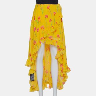 Caroline Constas Yellow Printed Silk Ruffled Asymmetric Hem Adelle Midi Skirt