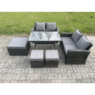 Fimous 7 Seater Garden Dining Set Wicker pe Rattan Outdoor Furniture Sofa with Rectangular Dining Table Double Seat Sofa 3 Footstools Side Table Dark Grey