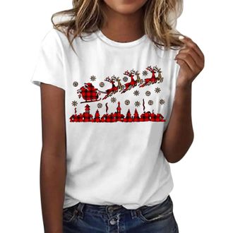 Generic Christmas Shirts Womens Tops UK Casual Short Sleeve Crew Neck Tunic Shirts Funny Xmas Tree Red Wine Glass Cow Print Blouse Dressy Trendy Lightweight H