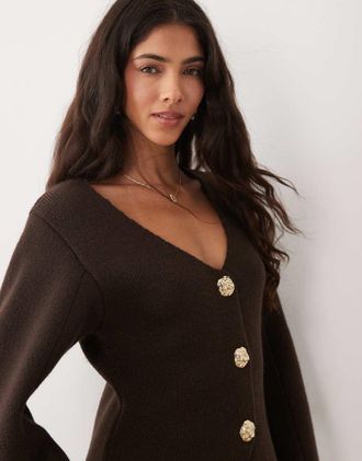 Mango Giacca in maglia compatta color cioccolato con bottoni oro-Marrone