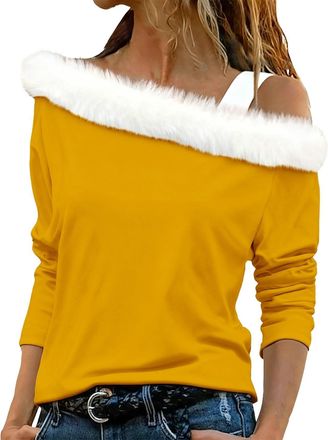 Generic Christmas Tops for Women UK Plus Size Christmas Cold Shoulder Tops for Women Xmas Long Sleeve Off The Shoulder Shirts Sexy Santa Fur Trim Pullover Swe