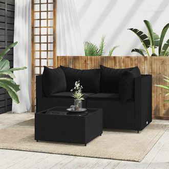 vidaXL Set De Muebles De Jard&iacute;n 3 Pzas Y Cojines Rat&aacute;n Sint&eacute;tico Negro Vidaxl