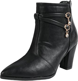 Generic Womens Zipper Booties Chunky Stacked Heel Ankle Boots Buckle Strap Ankle,Black,6.5 UK