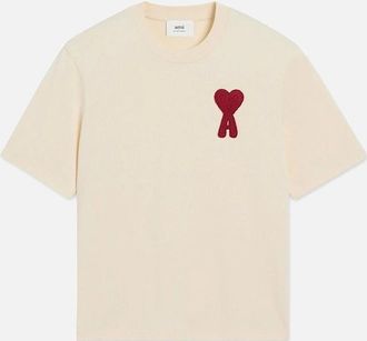 Ami Mens Mens Beige Ami Paris Ami de Coeur Red Patch T-Shirt - Cream - Size: 42