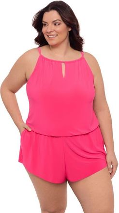 Aqua Green Plus Size Keyhole Blouson Slimming Swimsuit Romper with Pockets in Rose Quartz at Nordstrom, Size 2 X
