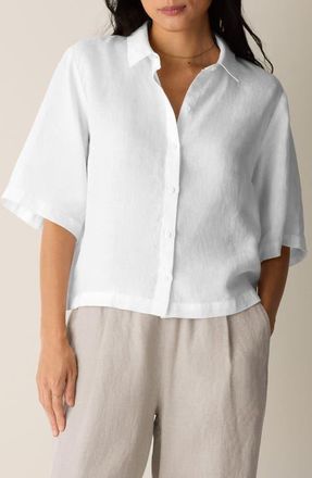 Eileen Fisher Classic Collar Elbow Sleeve Organic Linen Button-Up Shirt in White at Nordstrom, Size Xx-Small