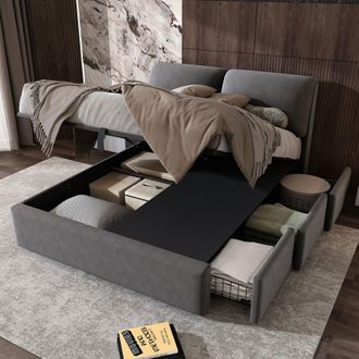 Matteo Luxurious Upholstered Double Bed with Hydraulic Three-Drawer Storage in Grey