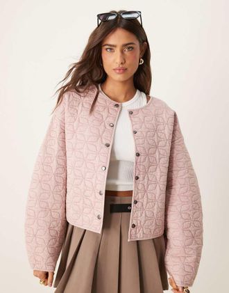 Asos oversized quilted jacket with cocoon sleeves in washed pink-Multi
