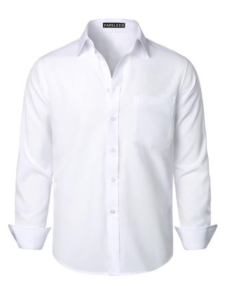 PARKLEES Mens Regular Fit Dress Shirt Solid Wrinkle-Free Long Sleeve Casual Business Button Up Shirts with Pocket PZSSCL05-White XXXL