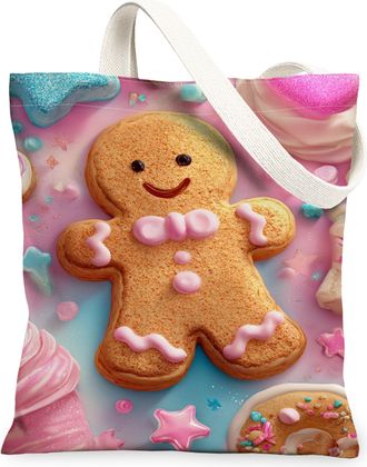 Generic Gingerbread Biscuits Canvas Tote Bags, Holiday Treat Pattern Reusable Bags, Lightweight Washable Canvas for Grocery Outdoor, Peach, 13x15 Inch