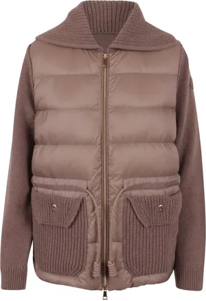 Moncler Truien & Vesten, Dames, Beige, L, Wol, Gebreide cardigan van wol en kasjmier met vulling