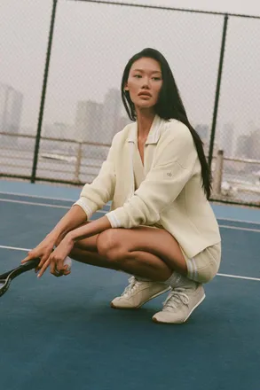 Alo | Tennis Club Sweater Knit Cardigan Top in Oatmeal/White Beige, Size: Medium