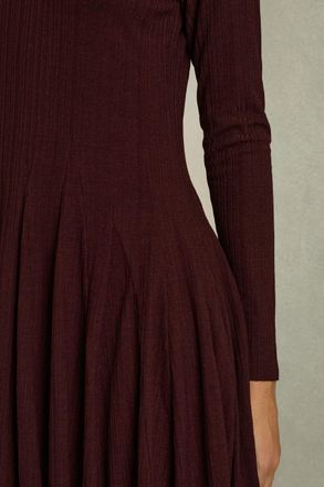 Reiss Burgundy Jersey Ribbed Flared Mini Dress, 6