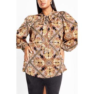City Chic Mylah Print Tie Neck Shirt in Paisley at Nordstrom, Size Xxs