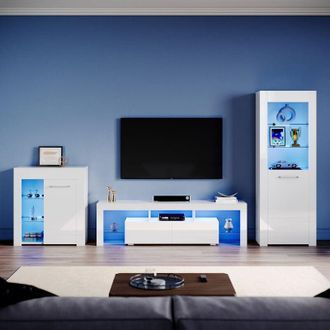 Elegant Lighting Living Room Set Modern High Gloss Fronts with led Light, 1600mm tv Stand, Display Cabinet with Glass Shelf Bookcase Sideboard Cupboard, White