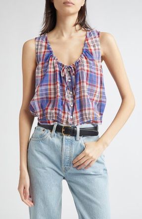 D&ocirc;en Theo Plaid Organic Cotton Voile Top in Cote Dazure Plaid at Nordstrom, Size X-Large
