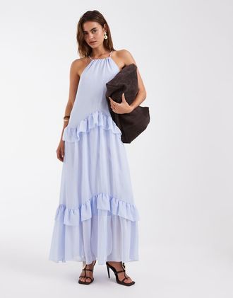 Vero Moda Vestito lungo allacciato al collo in chiffon blu lavanda con finiture con volant