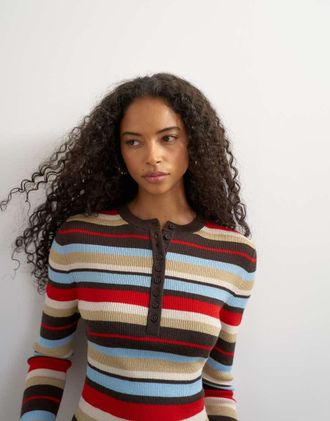 Topshop top a maniche lunghe in misto lana lavorato a maglia con scollo serafino a righe multicolore-Rosso