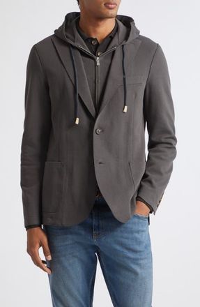 Eleventy Slim Fit Piqu&eacute; Sport Coat with Removable, Hooded Bib in 22N Black at Nordstrom, Size 60