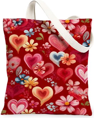 Generic ValentineS Day Floral Canvas Tote Bags, Heart Pattern Reusable Grocery Bags, Lightweight Washable Shoulder Strap Canvas Fo, Red, 13x15 Inch