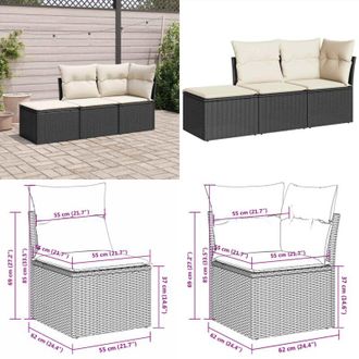 vidaXL Set Divani da Giardino 3 pz con Cuscini in Polyrattan Nero - Seduta da esterno - Cuscino da giardino