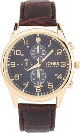 Jones New York Diamond Chronograph Croc Embossed Leather Strap Watch, 42mm in Brown at Nordstrom Rack