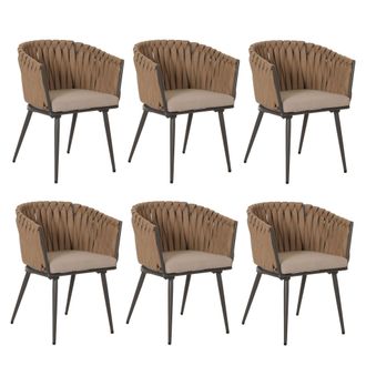 Hhg [nunca Usado] Lote De 6 Sillas De Comedor De Aluminio Hhg-418, Reposabrazos De Silla De Interior, Tejido De Cuerda De Olefina Cuerda, Coj&iacute;n Beige Marr