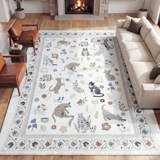 Jonathan Y Designs Catmosphere Festive Feline Floral Border Non-Slip Machine-Washable Rug in Ivory at Nordstrom, Size 3Ft 0In X 5Ft 0In