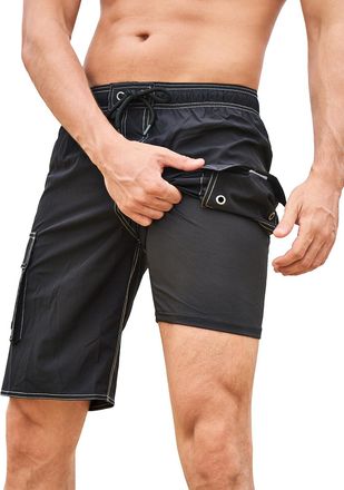 SHEKINI Mens Swim Trunks with Compression Liner 2 in 1 Mens Swimming Shorts 4-Way Stretch Bathing Suit Quick Dry Surfing Beach Board Shorts Black