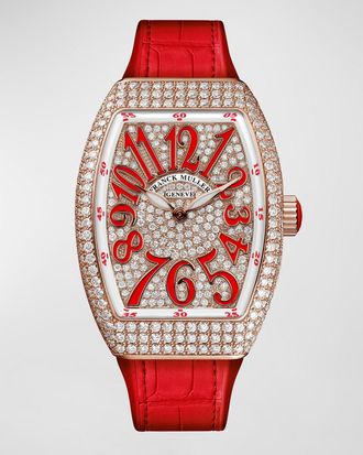 Franck Muller 18K Rose Gold Diamond Lady Vanguard Watch with Red Alligator Strap