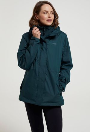 Mountain Warehouse Fell Womens 3 in 1 Jacket Water Resistant Inner Fleece Hooded Rain Dark Green - Size 10 UK