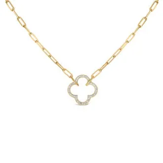 House of Brilliance Gold Vermeil 1/10 Cttw Diamond Paperclip Chain Clover Pendant Necklace in Silver at Nordstrom