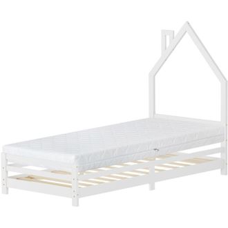 ML Design Ml-design - Letto per Bambini 90x200 cm in Legno di Pino Bianco con Testiera a Forma di Casetta, Materasso 16 cm e Rete a Doghe, Letto Singolo Basso