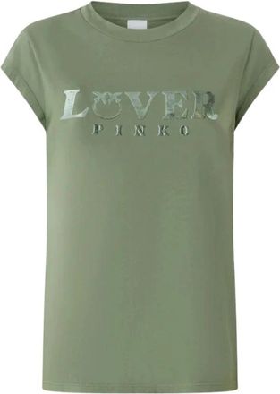 Pinko Cotton Jersey T-shirt met Lover Print - Dames - T-shirts - Groen - L - Katoen - Tops