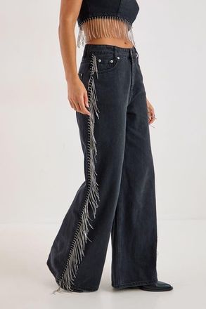 NASTY GAL Denim Diamonte Tassel Straight Leg Jeans in Washed Black at Nordstrom, Size 2