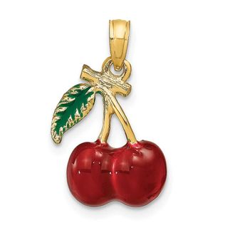 Diamond2Deal 14k Yellow Gold 3-D Red and Green Enameled Cherries with Leaf Charm Pendant