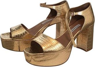 Tabitha Simmons Gold croc embossed leather platform heeled sandals Size 38.5