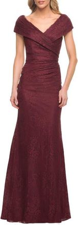 La Femme Lace Off The Shoulder Cap Sleeve Evening Dress in Burgundy at Nordstrom, Size 20