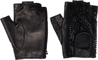 Philipp Plein rhinestone-embellished fingerless driving-gloves - women - Silk/Calf Leather - 8.5 - Black