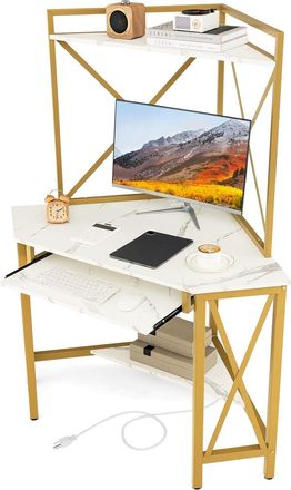 Costway Costway - Escritorio Para Computadora Con Estantes, Escritorio De Esquina Ahorra Espacio Con Bandeja Para Teclado, Mesa Triangular Para Oficina Con Ma