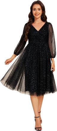 Ever-pretty Women Dress Elegant Wedding Midi Glitter Tulle Dress A-Line Cocktail Dress with V-Neck Puff Sleeves 02234 Black 18UK