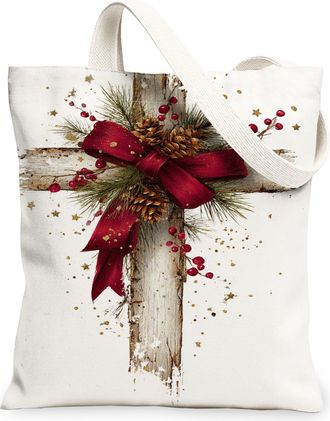 Generic Christmas Pinecones Canvas Tote Bags, Rustic Holiday Design Reusable Grocery Bags, Lightweight Washable Shoulder Strap for, White, 13x15 Inch