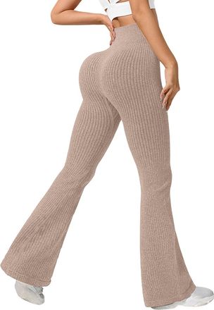 Generic Flared Leggings for Women High Waisted Tummy Control Gym Leggings Scrunch Butt Lifting Sports Yoga Pants Womens Seamless Ribbed Knit Joggers Running C