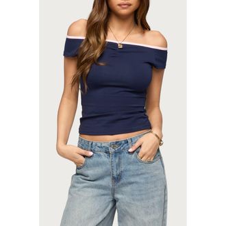 Edikted Dellah Contrast Neck Off the Shoulder Top in Navy at Nordstrom, Size X-Large